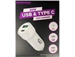 12V FAST CAR CHARGER 20W DUAL USB A & C
